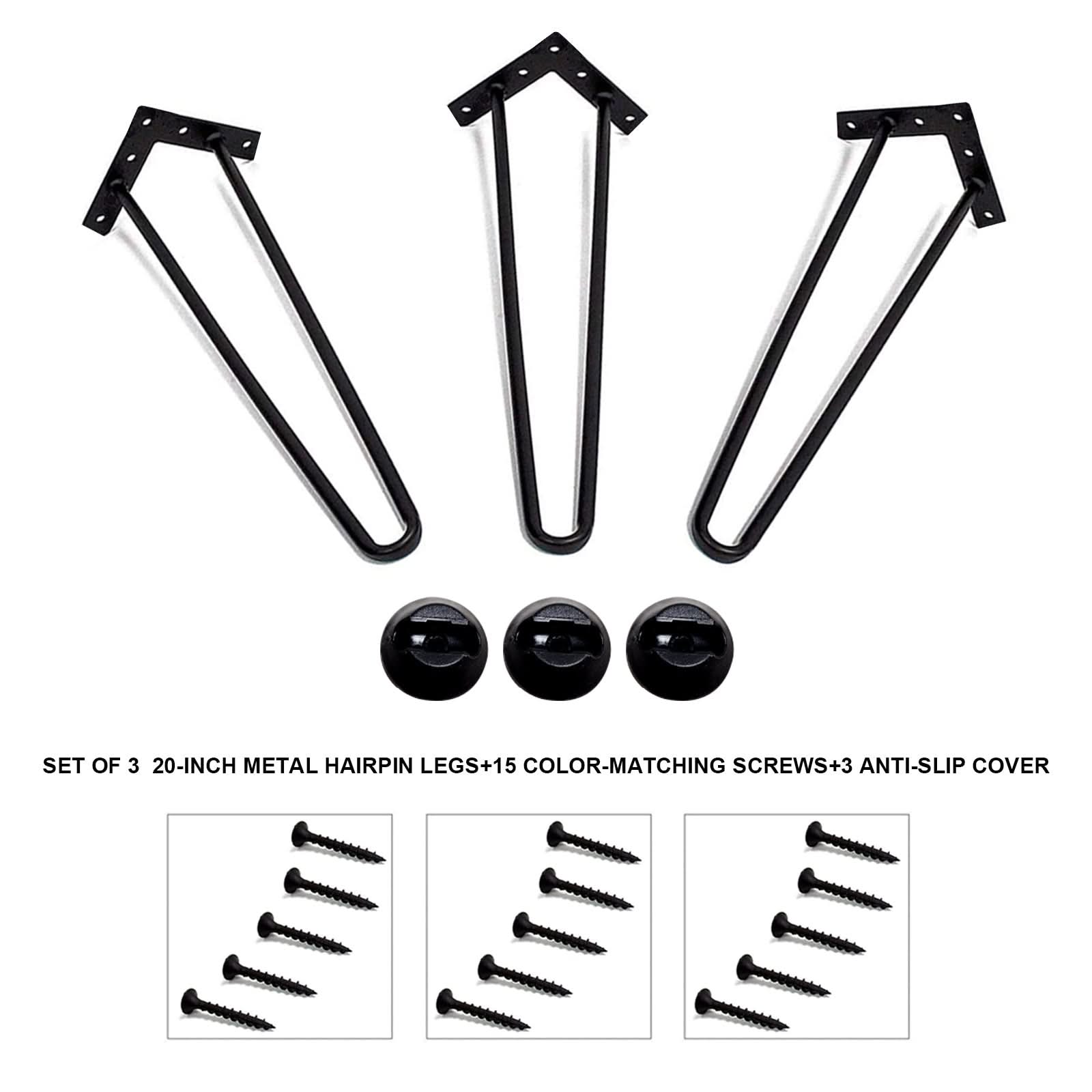 Black metal hairpin legs set with screws & anti-slip covers, for Blak Hom side tables.